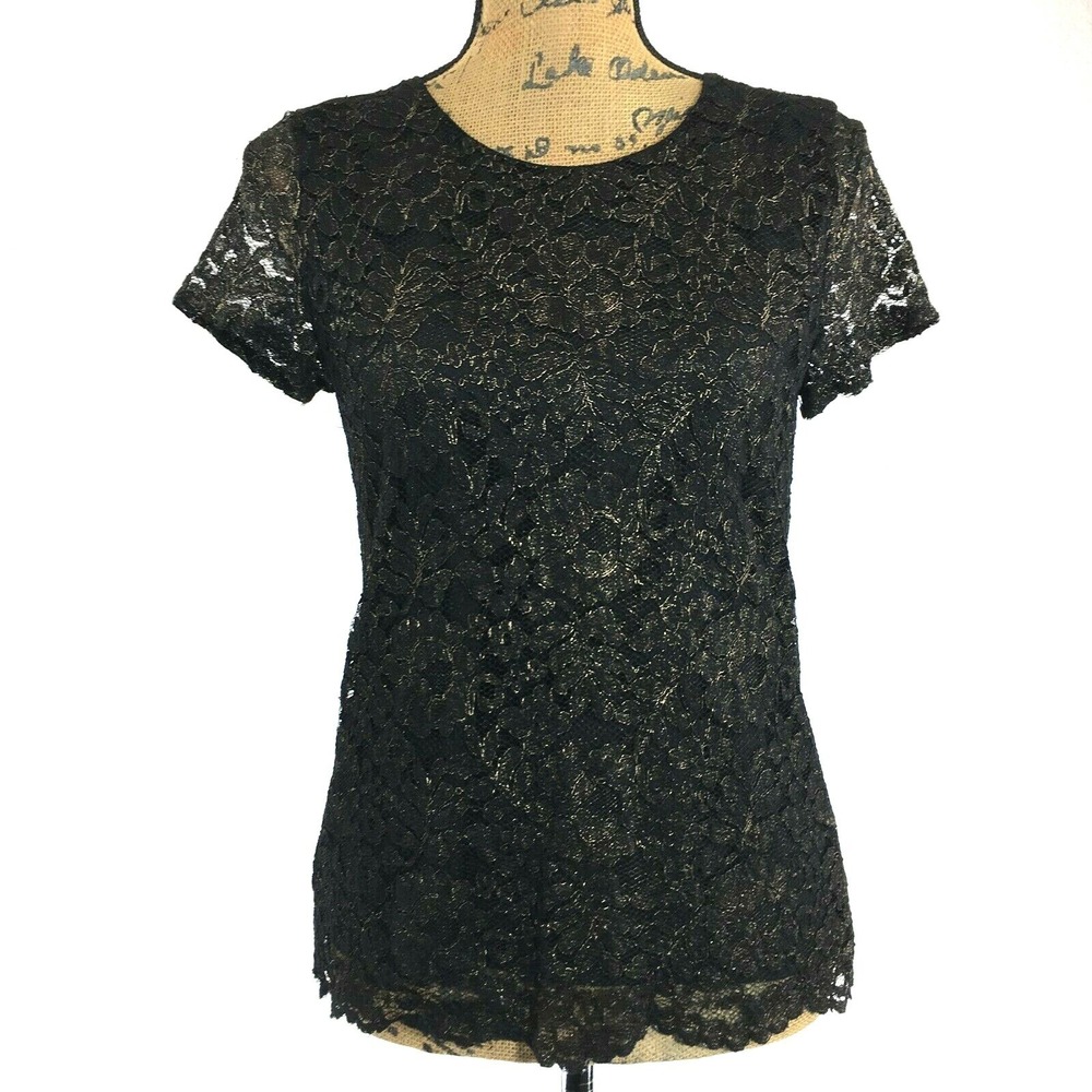 Banana Republic Top SMALL Blackβ Metallic Gold Lace Keyhole Back Short Sl Blouse